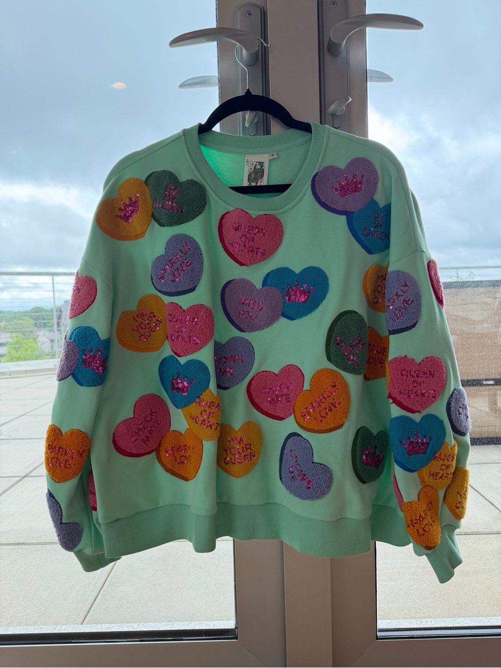 QUEEN OF SPARKLES Mint Green Heart Patch Sequin Sweatshirt